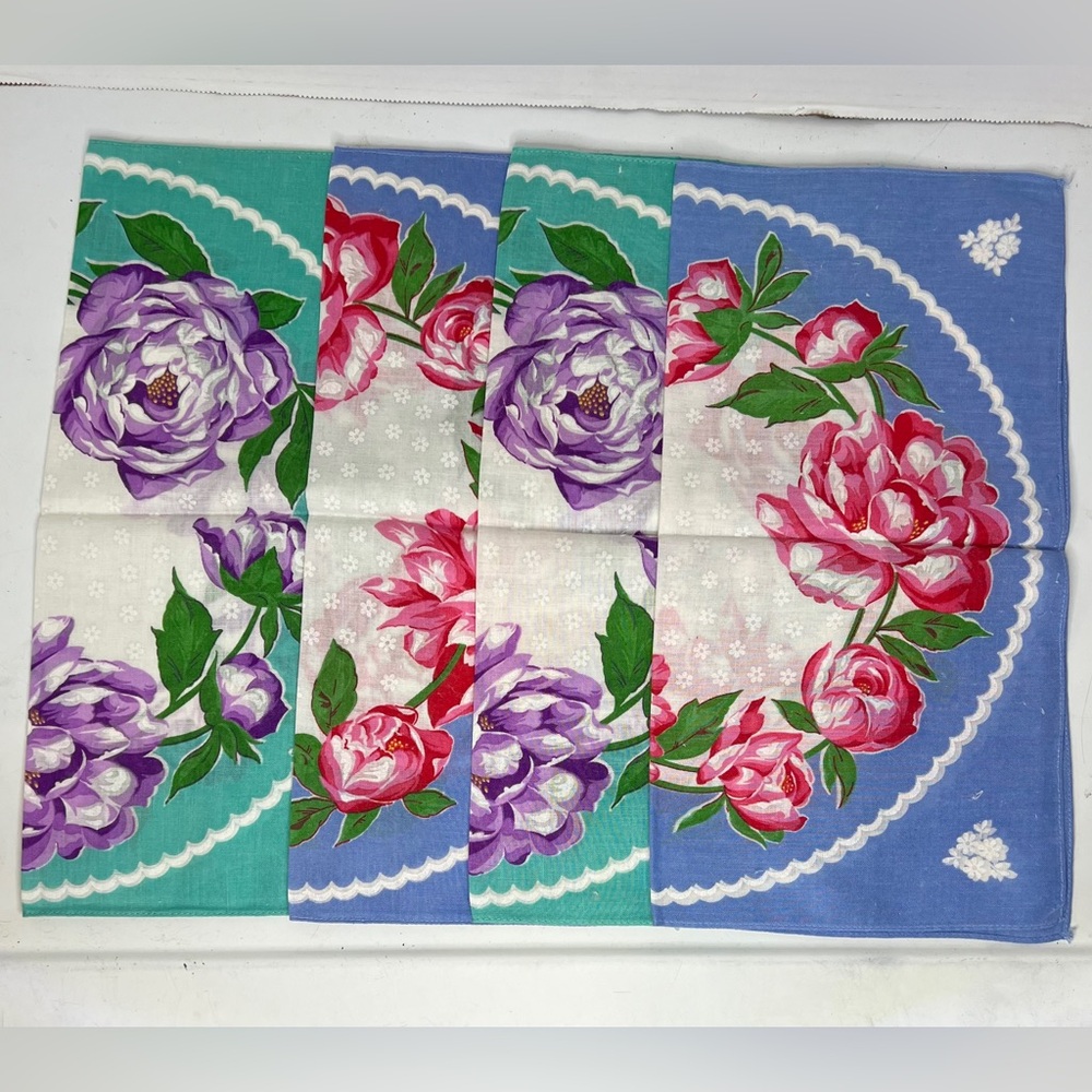 Lot of 4 Vintage Handkerchiefs 2 Blue W/ Red Flowers, 2 Green W/ Purple Flowers